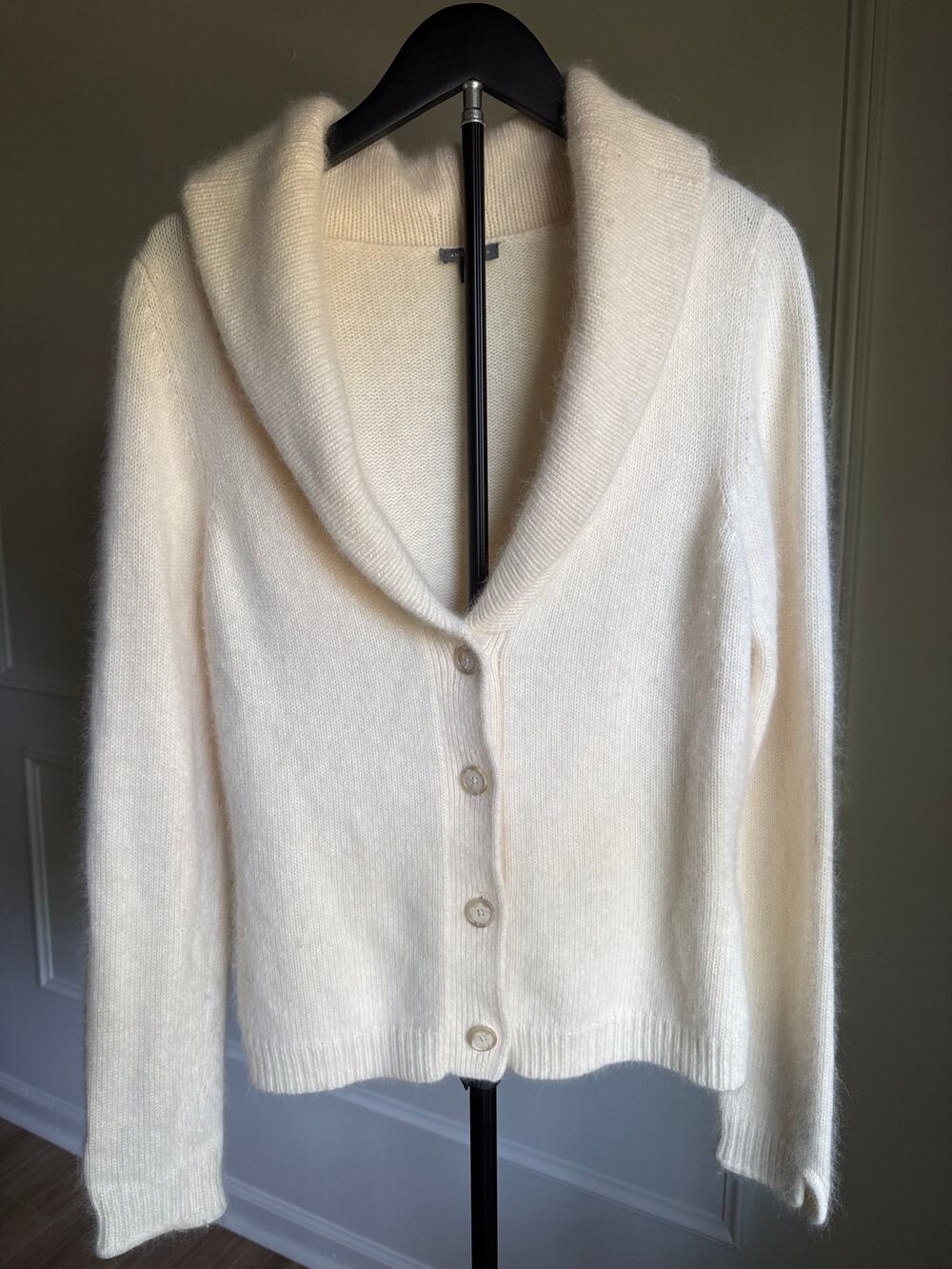 Ann Taylor Angora Lambswool Cardigan Ivory Quiet Luxury Sweater Large
